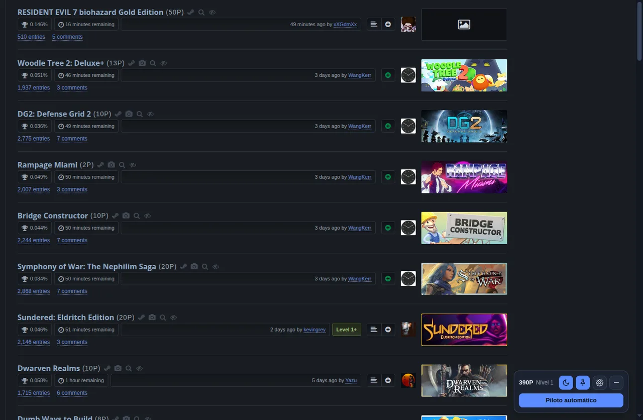 SteamGifts giveaway list with the GiftPilot dark theme, win odds on each row and the panel in the bottom-right corner