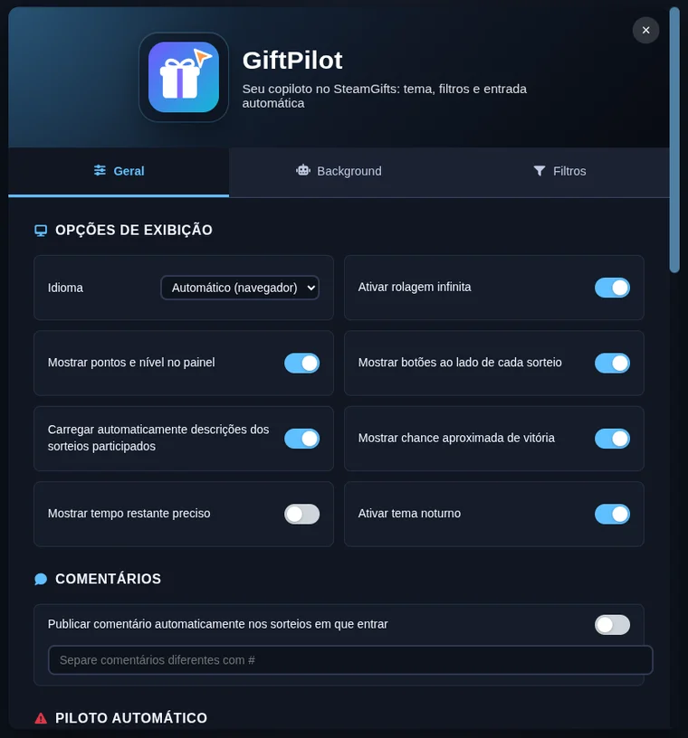 GiftPilot settings page with display options